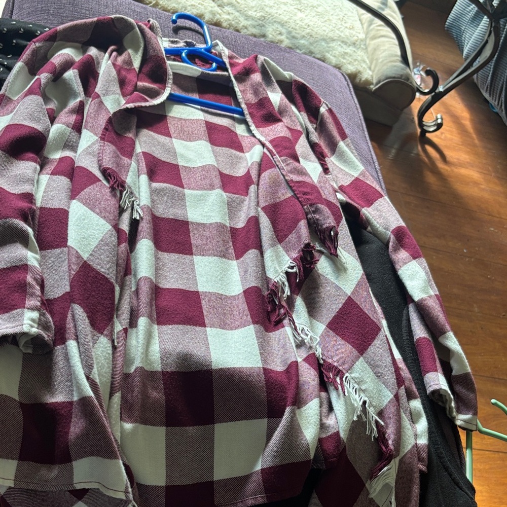 Maurices Burgundy and White Plaid Cardigan